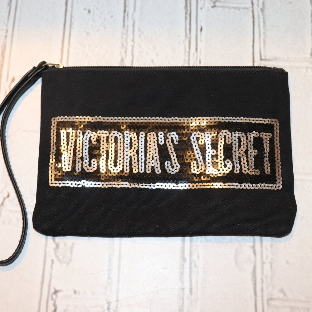 🖤✨ Victoria’s Secret Sequin Zipper Bag · Black + Silver · 9" × 6"